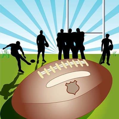 Image of NRL ball and silhouetted players.